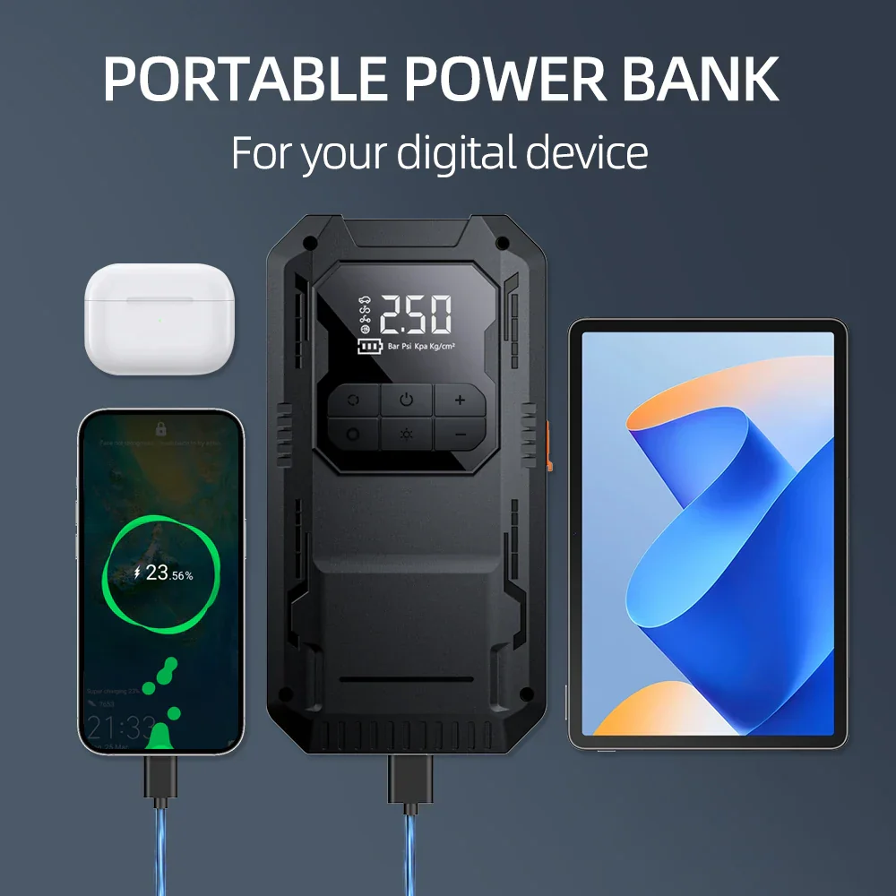 Heavy-Duty 4-in-1 Car Jump Starter with Air Pump and Power Bank