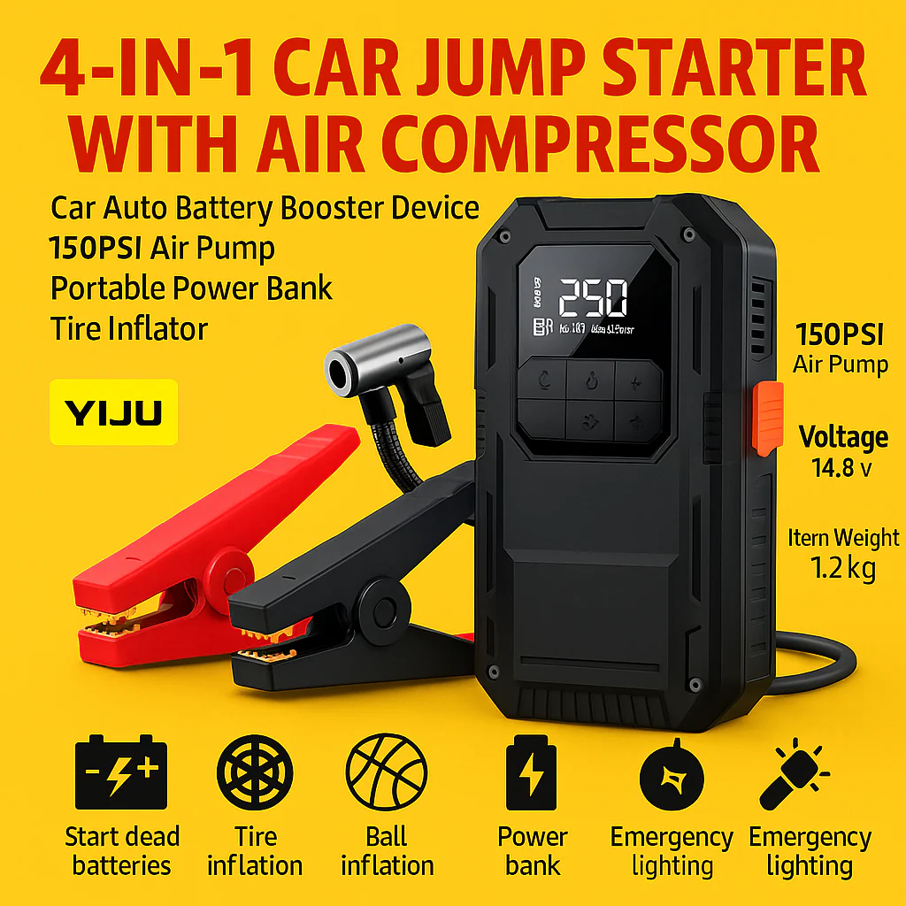Heavy-Duty 4-in-1 Car Jump Starter with Air Pump and Power Bank
