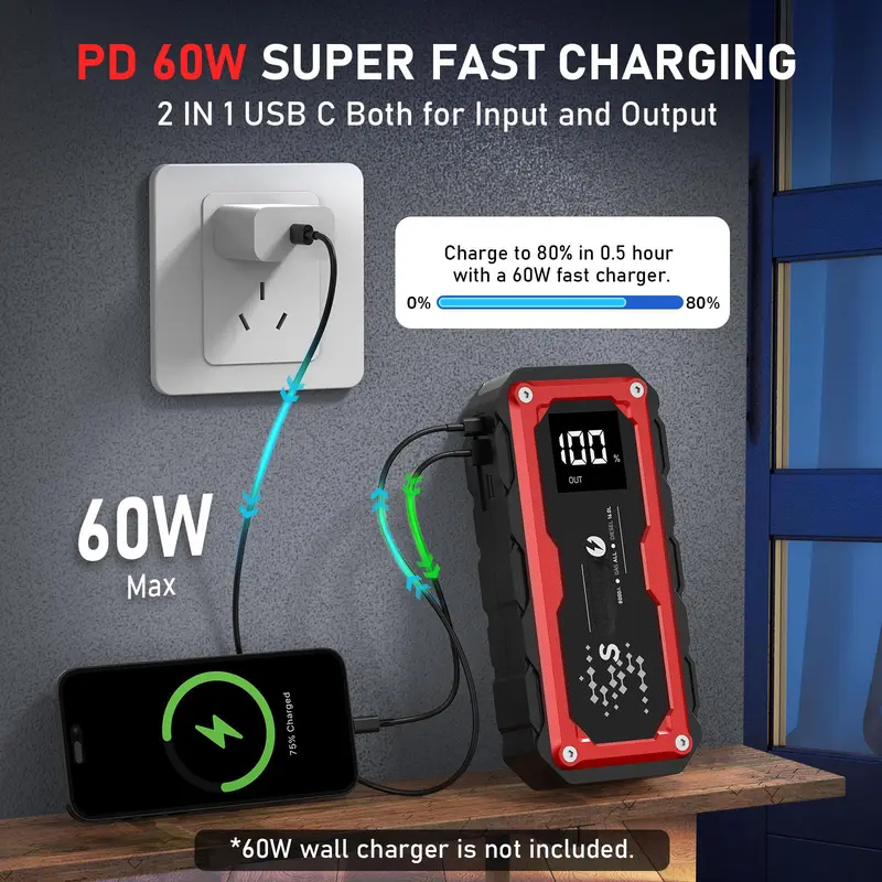 8000A Peak Portable Car Jump Starter with LED Light – Emergency Booster Battery Pack, Power Bank, Wireless Charging, Car Battery Jump Starter Tool